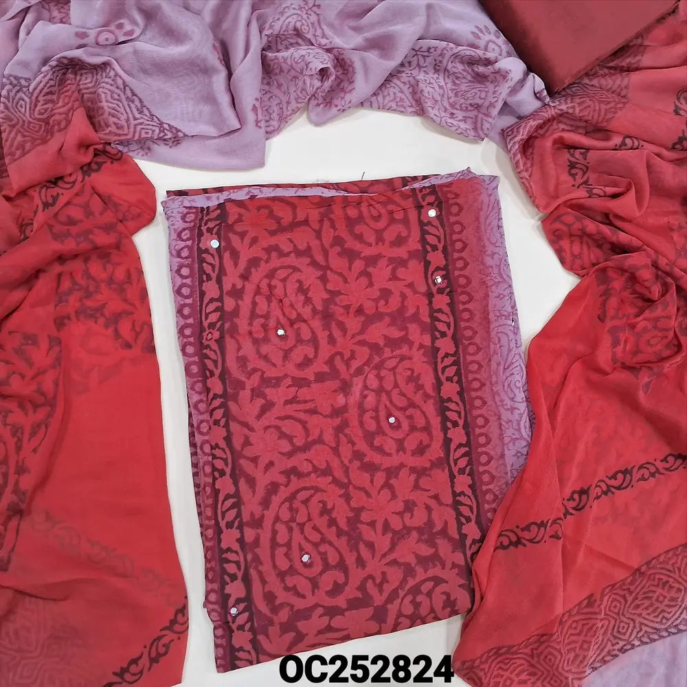 Mauve and dark maroon block printed semi georgette unstitched salwar material,(flowy, lining needed) faux mirror work on front, silk cotton bottom, block printed dual shaded fancy chiffon dupatta. OC252824