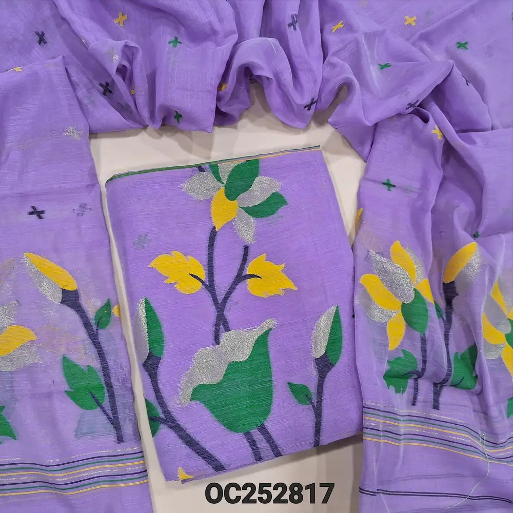 Light Purple slub silk cotton unstitched salwar material (textured, Lining Needed) colorful thread woven design on front, NO BOTTOM, colorful thread woven on slub silk cotton full length dupatta. OC252817