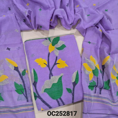 Light Purple slub silk cotton unstitched salwar material (textured, Lining Needed) colorful thread woven design on front, NO BOTTOM, colorful thread woven on slub silk cotton full length dupatta. OC252817