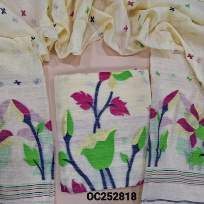 Half White slub silk cotton unstitched salwar material (textured, Lining Needed) colorful thread woven design on front, NO BOTTOM, colorful thread woven on slub silk cotton full length dupatta. OC252818
