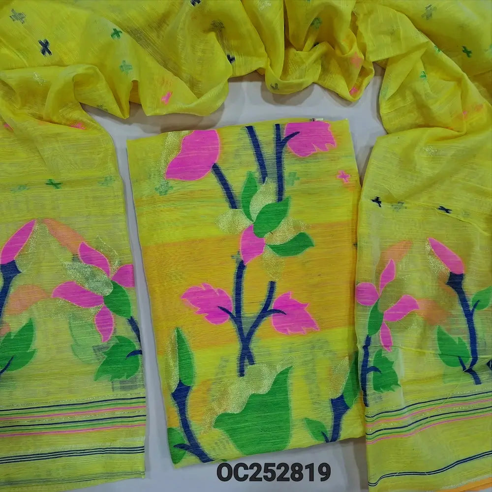 Bright sunshine Yellow slub silk cotton unstitched salwar material (textured, Lining Needed) colorful thread woven design on front, NO BOTTOM, colorful thread woven on slub silk cotton full length dupatta. OC252819