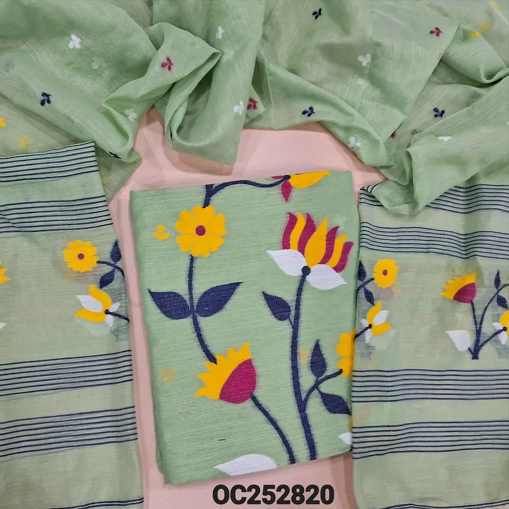 Pastel Green slub silk cotton unstitched salwar material (textured, Lining Needed) colorful thread woven design on front, NO BOTTOM, colorful thread woven on slub silk cotton full length dupatta. OC252820