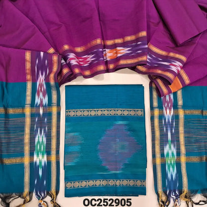 Dark teal Blue silk cotton unstitched salwar material (Lining Needed) ikat weaving on daman, rani pink silk cotton bottom, dual shaded silk cotton full length dupatta with ikat borders & tassels. OC252905