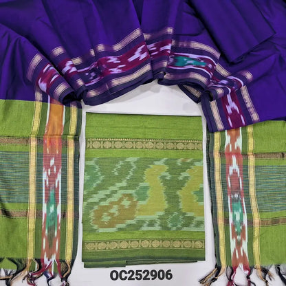 Bright Mossy Green silk cotton unstitched salwar material (Lining Needed) ikat weaving on daman, violet silk cotton bottom, dual shaded silk cotton full length dupatta with ikat borders & tassels. OC252906