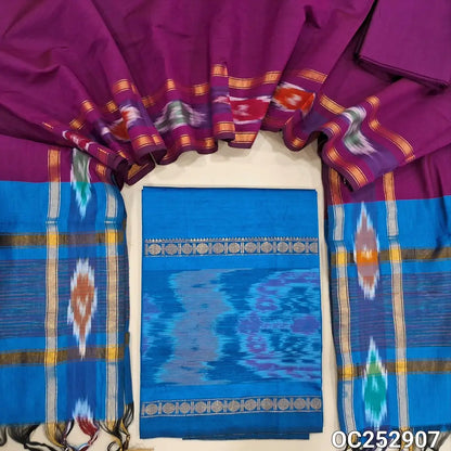 Turquoise Blue silk cotton unstitched salwar material (Lining Needed) ikat weaving on daman, beetroot purple silk cotton bottom, dual shaded silk cotton full length dupatta with ikat borders & tassels. OC252907