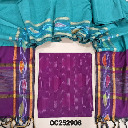 Rani Pink silk cotton unstitched salwar material (Lining Needed) ikat weaving allover, pastel blue silk cotton bottom, dual shaded silk cotton full length dupatta with ikat borders & tassels. OC252908