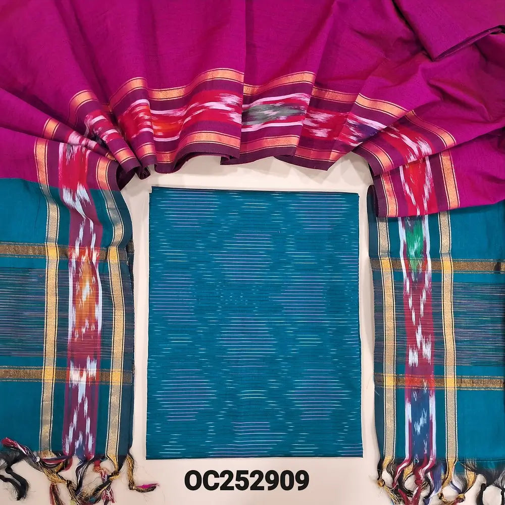 Teal Blue silk cotton unstitched salwar material (Lining Needed) ikat weaving allover, rani pink silk cotton bottom, dual shaded silk cotton full length dupatta with ikat borders & tassels. OC252909