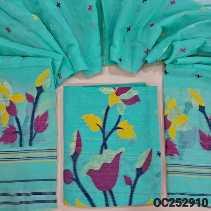 Sea Green slub silk cotton unstitched salwar material (textured, Lining Needed) colorful thread woven design on front, NO BOTTOM, colorful thread woven on slub silk cotton full length dupatta. OC252910