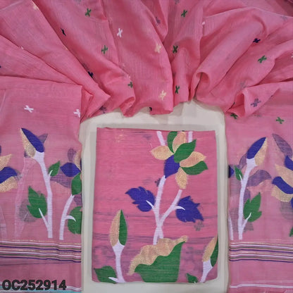 Bright Pink slub silk cotton unstitched salwar material (textured, Lining Needed) colorful thread woven design on front, NO BOTTOM, colorful thread woven on slub silk cotton full length dupatta. OC252911