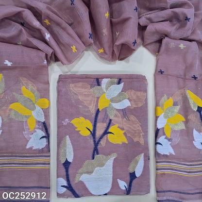 Mauve slub silk cotton unstitched salwar material (textured, Lining Needed) colorful thread woven design on front, NO BOTTOM, colorful thread woven on slub silk cotton full length dupatta. OC252912