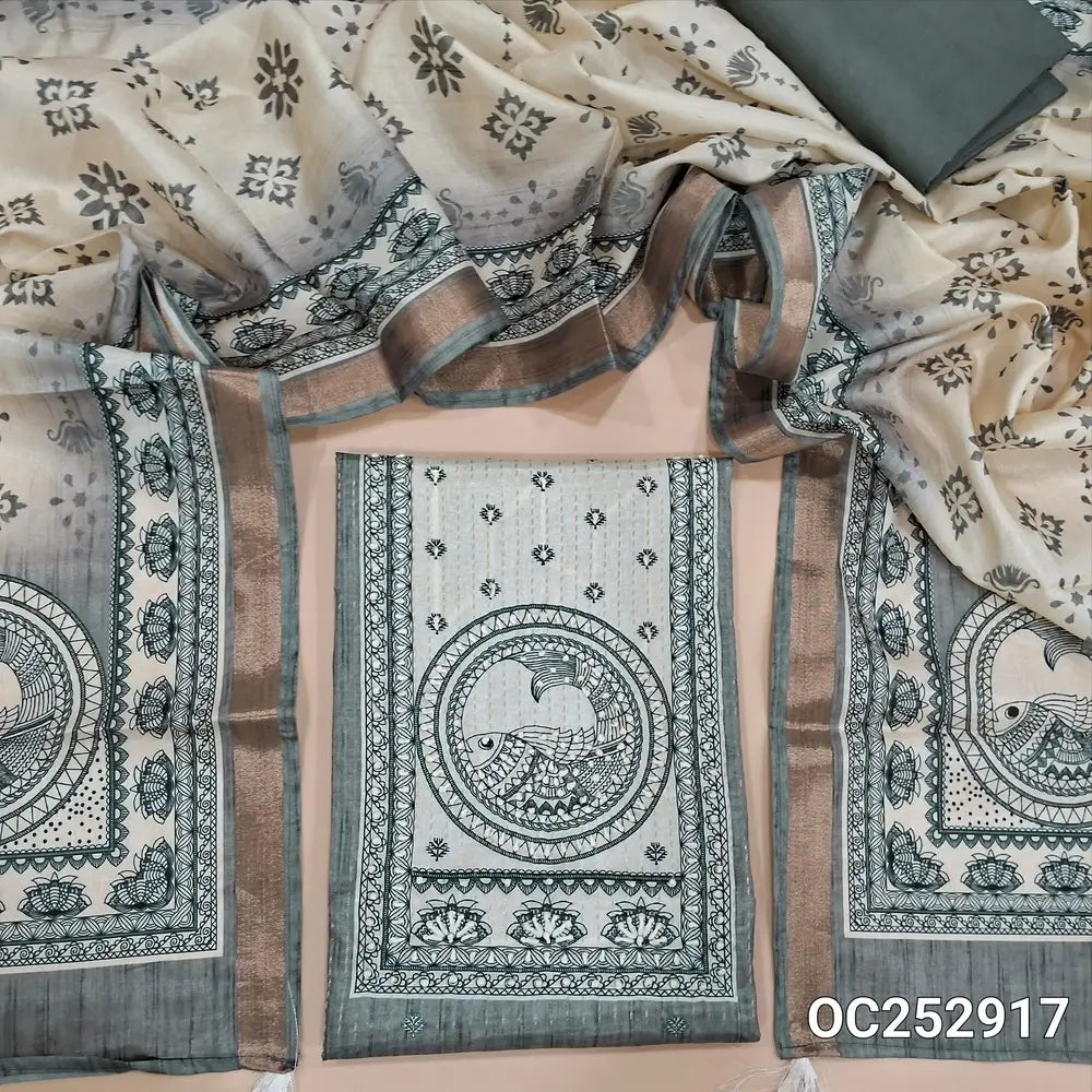 Light Grey digital printed silk cotton unstitched salwar material,(thin, lining needed) madhubani print on yoke, zari lines allover, matching silky bottom, madhubani printed silk cotton dupatta. OC252917