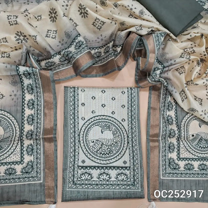 Light Grey digital printed silk cotton unstitched salwar material,(thin, lining needed) madhubani print on yoke, zari lines allover, matching silky bottom, madhubani printed silk cotton dupatta. OC252917