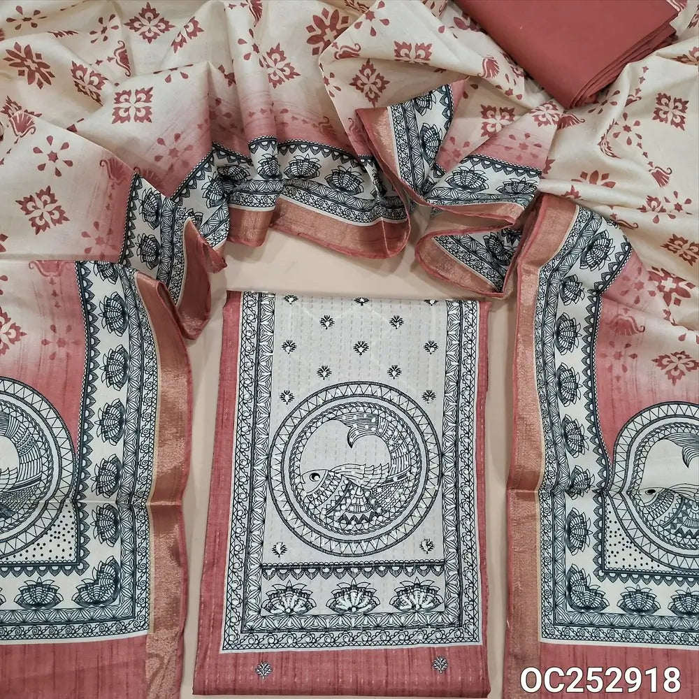 Dark onion pink digital printed silk cotton unstitched salwar material,(thin, lining needed) madhubani print on yoke, zari lines allover, matching silky bottom, madhubani printed silk cotton dupatta. OC252918