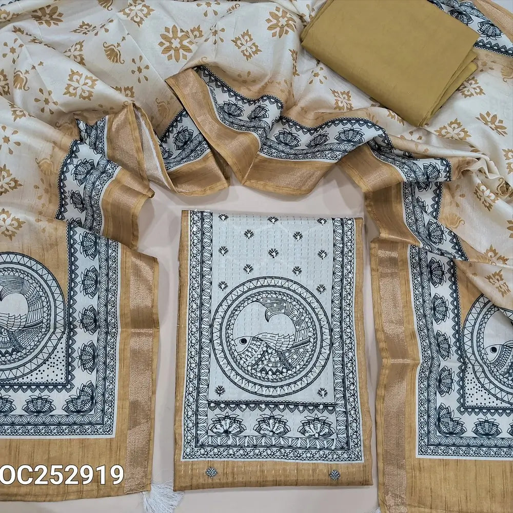Dark Beige digital printed silk cotton unstitched salwar material,(thin, lining needed) madhubani print on yoke, zari lines allover, matching silky bottom, madhubani printed silk cotton dupatta. OC252919