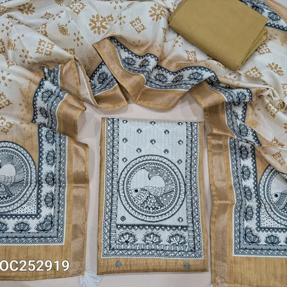 Dark Beige digital printed silk cotton unstitched salwar material,(thin, lining needed) madhubani print on yoke, zari lines allover, matching silky bottom, madhubani printed silk cotton dupatta. OC252919