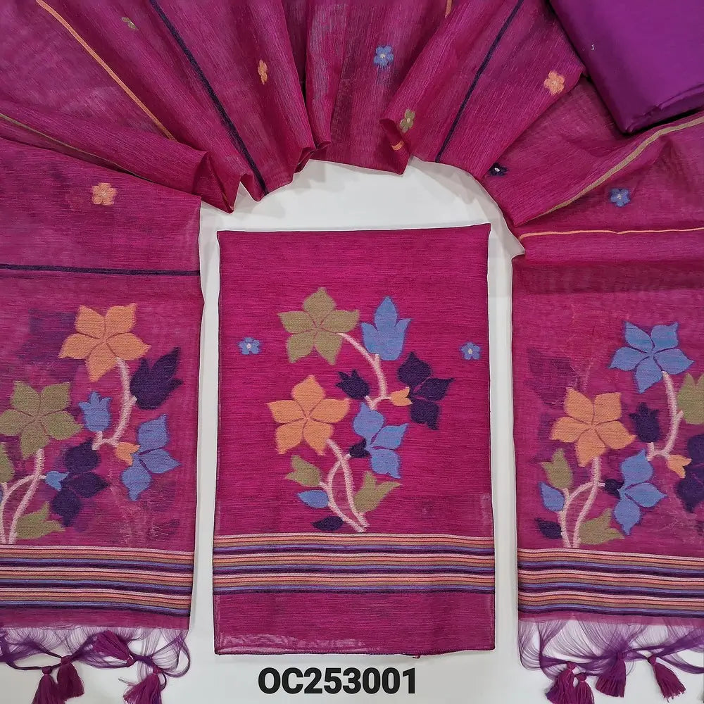 Pink jamdani woven premium tussar silk unstitched salwar material, (Thin, textured, lining needed) gold and silver zari weaving on daman, silk cotton bottom, full length jamdani woven tussar silk dupatta. OC253001