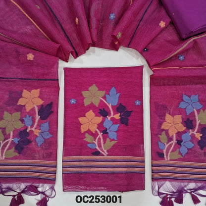 Pink jamdani woven premium tussar silk unstitched salwar material, (Thin, textured, lining needed) gold and silver zari weaving on daman, silk cotton bottom, full length jamdani woven tussar silk dupatta. OC253001