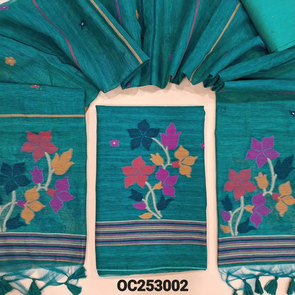 Teal Blue jamdani woven premium tussar silk unstitched salwar material, (Thin, textured, lining needed) gold and silver zari weaving on daman, silk cotton bottom, full length jamdani woven tussar silk dupatta. OC253002