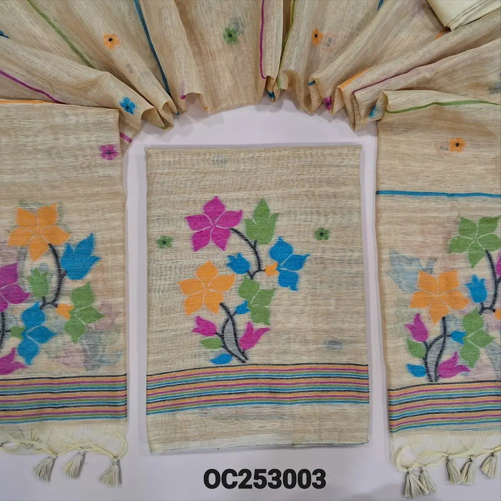 Rich Beige jamdani woven premium tussar silk unstitched salwar material, (Thin, textured, lining needed) gold and silver zari weaving on daman, silk cotton bottom, full length jamdani woven tussar silk dupatta. OC253003