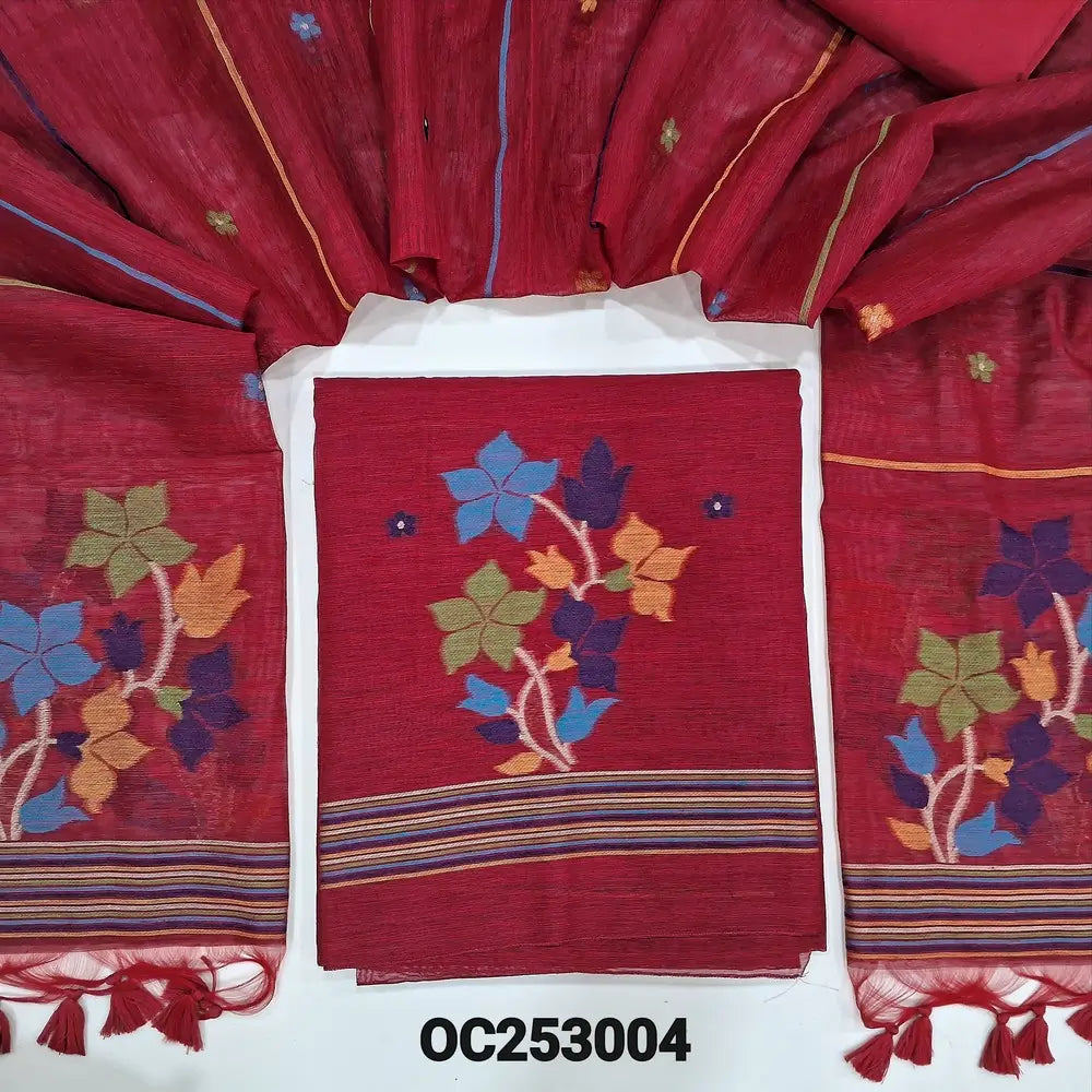 Reddish maroon jamdani woven premium tussar silk unstitched salwar material, (Thin, textured, lining needed) gold and silver zari weaving on daman, silk cotton bottom, full length jamdani woven tussar silk dupatta. OC253004