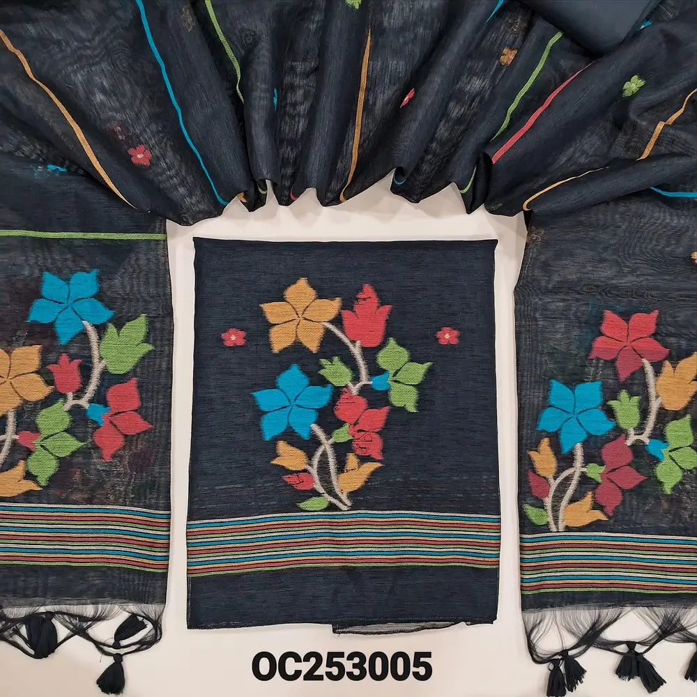 Black jamdani woven premium tussar silk unstitched salwar material, (Thin, textured, lining needed) gold and silver zari weaving on daman, silk cotton bottom, full length jamdani woven tussar silk dupatta. OC253005