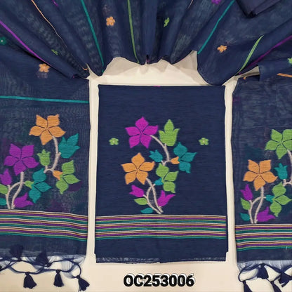 Royal Blue jamdani woven premium tussar silk unstitched salwar material, (Thin, textured, lining needed) gold and silver zari weaving on daman, silk cotton bottom, full length jamdani woven tussar silk dupatta. OC253006