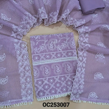 Lavender Super Net unstitched salwar material (netted fabric, Lining needed) embroidery work on front, matching cotton bottom,  embroidery work  super net dupatta with lace tapings. OC253007