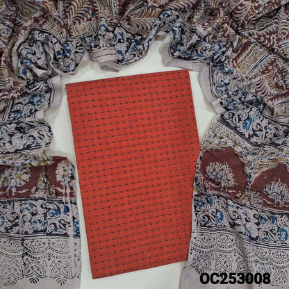 Brick Red handloom cotton unstitched salwar material (soft, Lining needed)  thread woven design allover, kalamkari printed cotton bottom, kalamkari block printed mul cotton dupatta.(TAPING NEEDED). OC253008