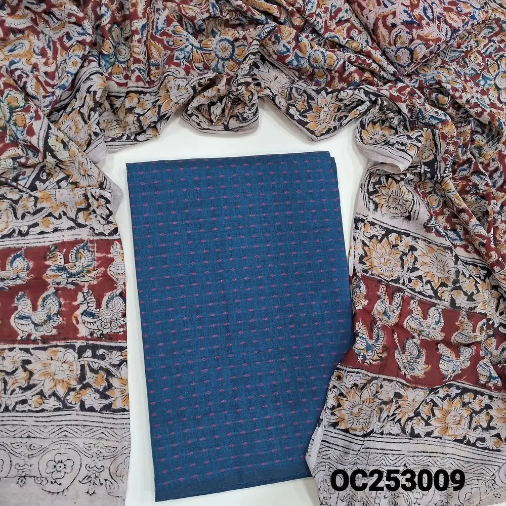 Dark Blue handloom cotton unstitched salwar material (soft, Lining needed)  thread woven design allover, kalamkari printed cotton bottom, kalamkari block printed mul cotton dupatta.(TAPING NEEDED). OC253009