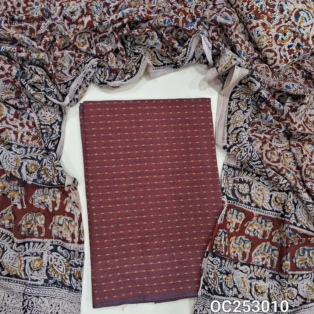 Dark Maroon handloom cotton unstitched salwar material (soft, Lining needed)  thread woven design allover, kalamkari printed cotton bottom, kalamkari block printed mul cotton dupatta.(TAPING NEEDED). OC253010