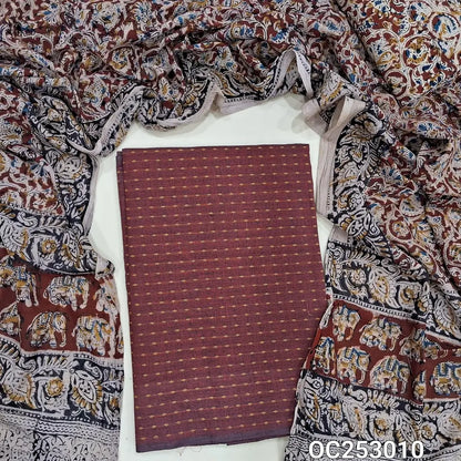 Dark Maroon handloom cotton unstitched salwar material (soft, Lining needed)  thread woven design allover, kalamkari printed cotton bottom, kalamkari block printed mul cotton dupatta.(TAPING NEEDED). OC253010