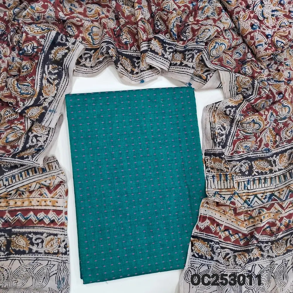 Teal Green handloom cotton unstitched salwar material (soft, Lining needed)  thread woven design allover, kalamkari printed cotton bottom, kalamkari block printed mul cotton dupatta.(TAPING NEEDED). OC253011