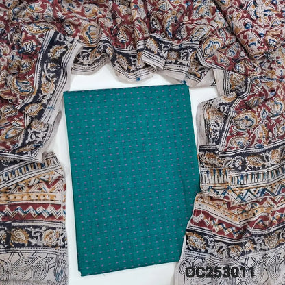 Teal Green handloom cotton unstitched salwar material (soft, Lining needed)  thread woven design allover, kalamkari printed cotton bottom, kalamkari block printed mul cotton dupatta.(TAPING NEEDED). OC253011