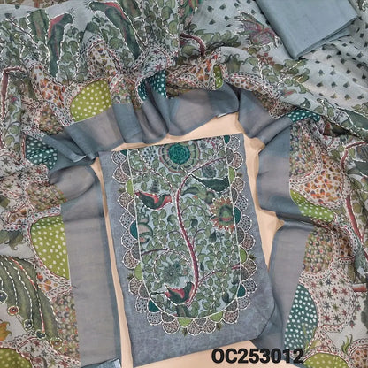 Designer Grey premium linen unstitched salwar material (textured, Lining needed) kalamkari print, kantha stitch work on yoke, matching santoon bottom, kalamkari printed premium linen dupatta. OC253012