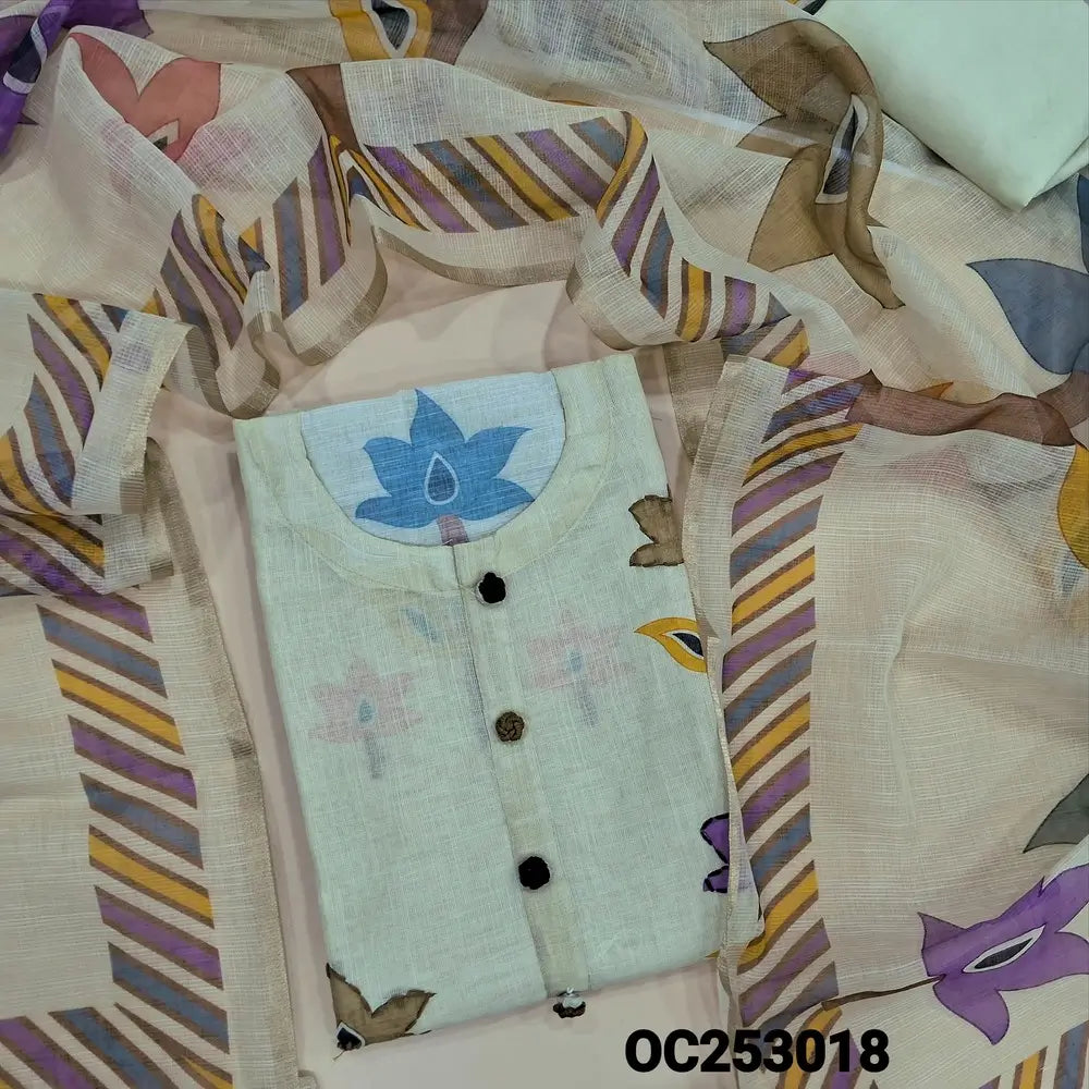 Light Green premium Linen unstitched salwar material (textured, Lining Needed) colorful print, hand embroidery work on front, matching spun cotton bottom, colorful floral printed semi linen dupatta. OC253018