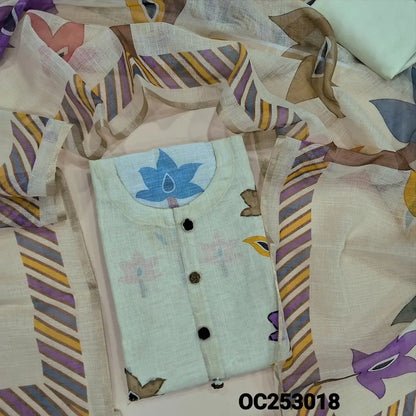 Light Green premium Linen unstitched salwar material (textured, Lining Needed) colorful print, hand embroidery work on front, matching spun cotton bottom, colorful floral printed semi linen dupatta. OC253018