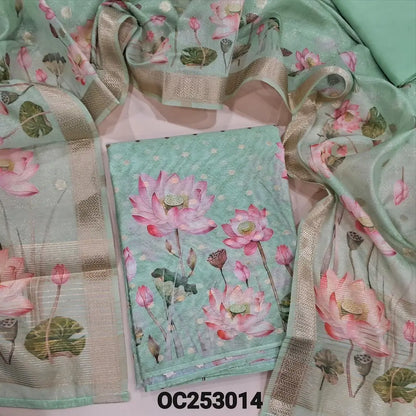 Pastel Green & golden tint tissue silk cotton unstitched salwar material (Lining Needed) fancy buttons on yoke, zari buttas allover, digital floral print on daman, matching silky bottom,  digital floral printed tissue silk cotton dupatta. OC253014