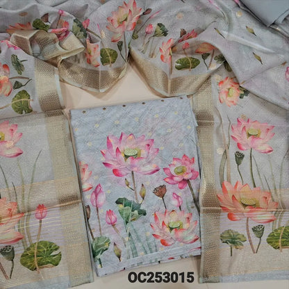 Light grey& golden tint tissue silk cotton unstitched salwar material (Lining Needed) fancy buttons on yoke, zari buttas allover, digital floral print on daman, matching silky bottom,  digital floral printed tissue silk cotton dupatta. OC253015