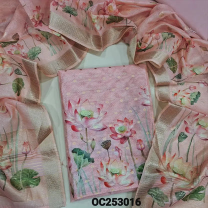 Pastel Pink & golden tint tissue silk cotton unstitched salwar material (Lining Needed) fancy buttons on yoke, zari buttas allover, digital floral print on daman, matching silky bottom,  digital floral printed tissue silk cotton dupatta. OC253016
