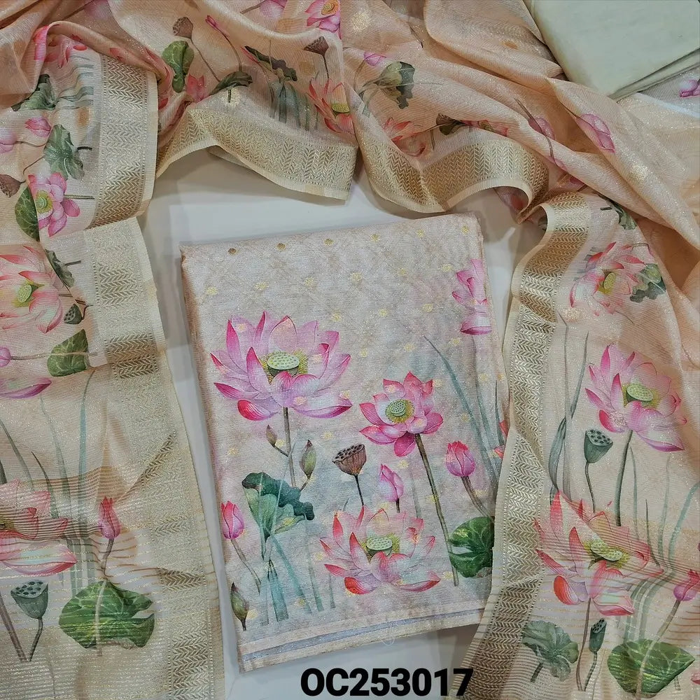 Beige & golden tint tissue silk cotton unstitched salwar material (Lining Needed) fancy buttons on yoke, zari buttas allover, digital floral print on daman, matching silky bottom,  digital floral printed tissue silk cotton dupatta. OC253017