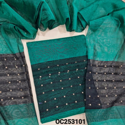 PREORDER : SHIPPING IN 1 WEEK Teal green and black Muslin jamdani handwoven unstitched salwar material, sequins woven along with fabric all over (Thin, Lining Needed) Muslin jamdani handwoven dupatta. OC253101