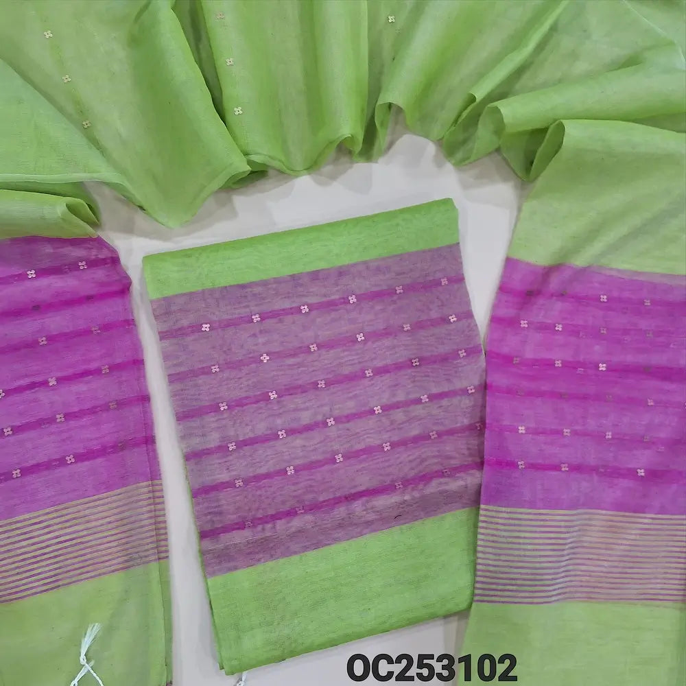 PREORDER : SHIPPING IN 1 WEEK Light green and pink Muslin jamdani handwoven unstitched salwar material, sequins woven along with fabric all over (Thin, Lining Needed) Muslin jamdani handwoven dupatta. OC253102