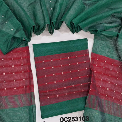 PREORDER : SHIPPING IN 1 WEEK Bottle green and reddish maroon Muslin jamdani handwoven unstitched salwar material, sequins woven along with fabric all over (Thin, Lining Needed) Muslin jamdani handwoven dupatta. OC253103