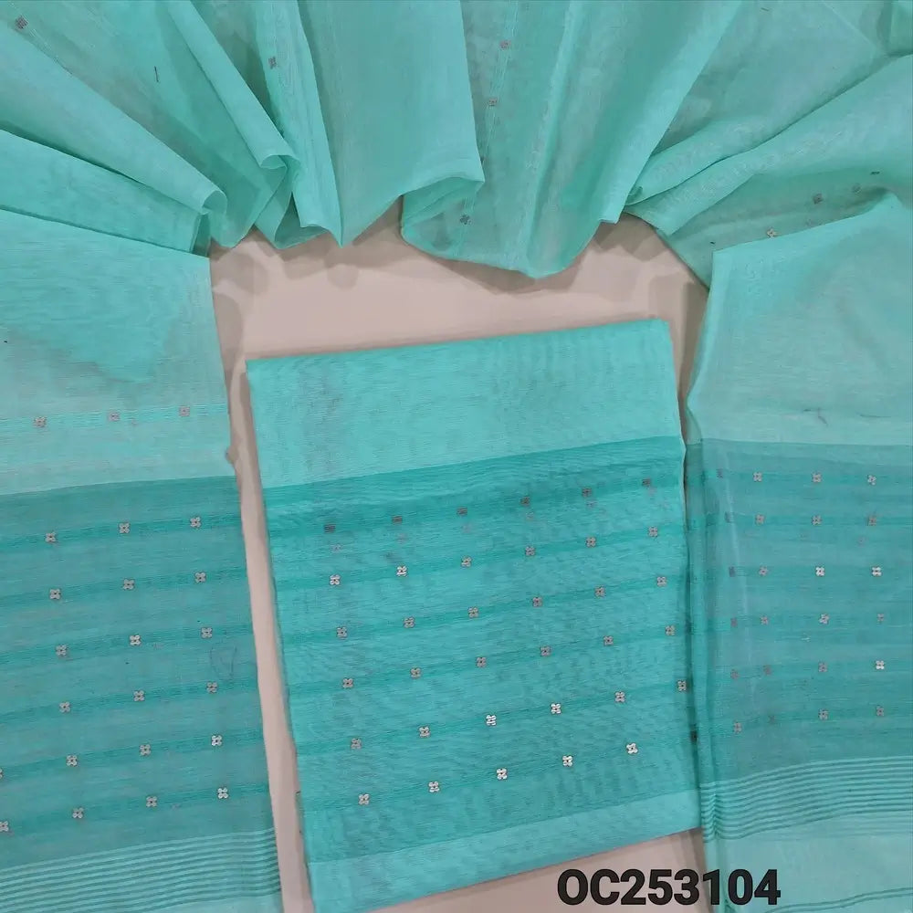 Pastel blue and light blue Muslin jamdani handwoven unstitched salwar material, sequins woven along with fabric all over (Thin, Lining Needed) Muslin jamdani handwoven dupatta. OC253104