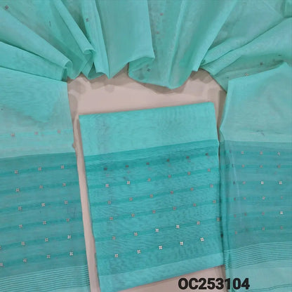 Pastel blue and light blue Muslin jamdani handwoven unstitched salwar material, sequins woven along with fabric all over (Thin, Lining Needed) Muslin jamdani handwoven dupatta. OC253104