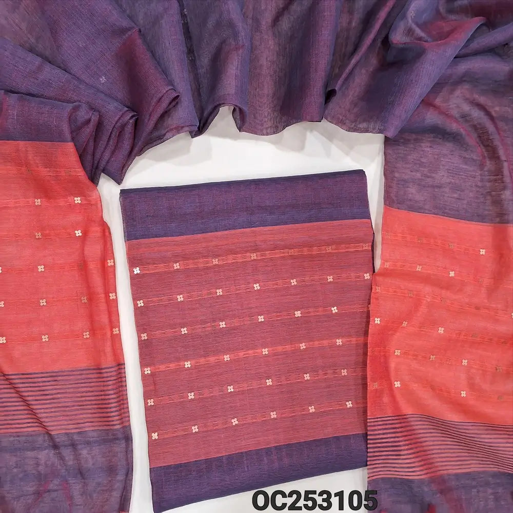Dark purple with peach Muslin jamdani handwoven unstitched salwar material, sequins woven along with fabric all over (Thin, Lining Needed) Muslin jamdani handwoven dupatta. OC253105
