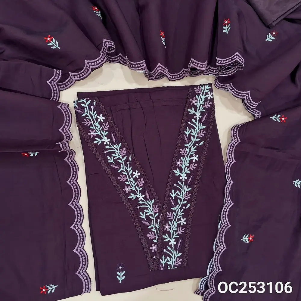 Deep wine purple  silk cotton unstitched salwar material, (soft, silky,lining optional)V neck with embroidered and lace work, embroidery on front,silky bottom, embroidery on soft silk cotton dupatta with scallop edges.. OC253106