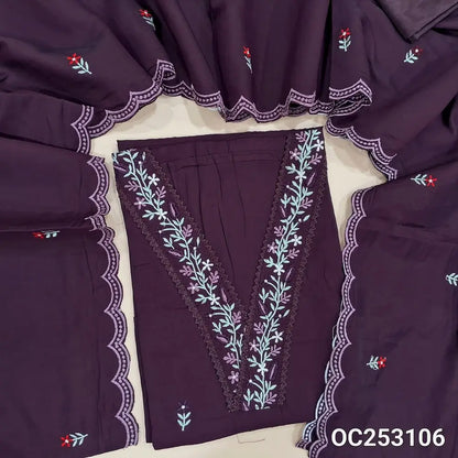 Deep wine purple  silk cotton unstitched salwar material, (soft, silky,lining optional)V neck with embroidered and lace work, embroidery on front,silky bottom, embroidery on soft silk cotton dupatta with scallop edges.. OC253106