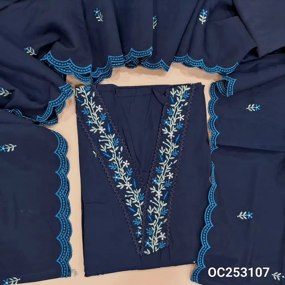 Dark blue silk cotton unstitched salwar material, (soft, silky,lining optional)V neck with embroidered and lace work, embroidery on front,silky bottom, embroidery on soft silk cotton dupatta with scallop edges.. OC253107