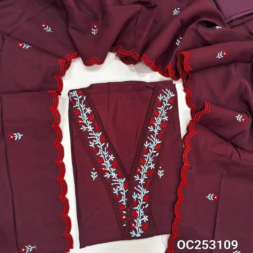 Dark maroon silk cotton unstitched salwar material, (soft, silky,lining optional)V neck with embroidered and lace work, embroidery on front,silky bottom, embroidery on soft silk cotton dupatta with scallop edges.. OC253108